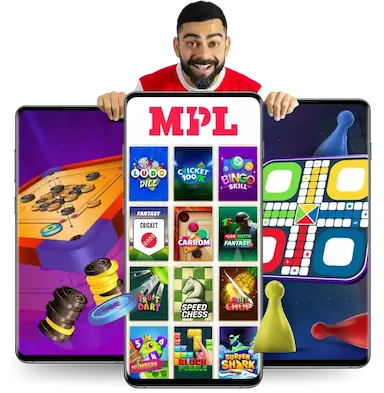 Indian spokesperson for MPL on top of a phone, with the phone screen displaying the MPL games page.