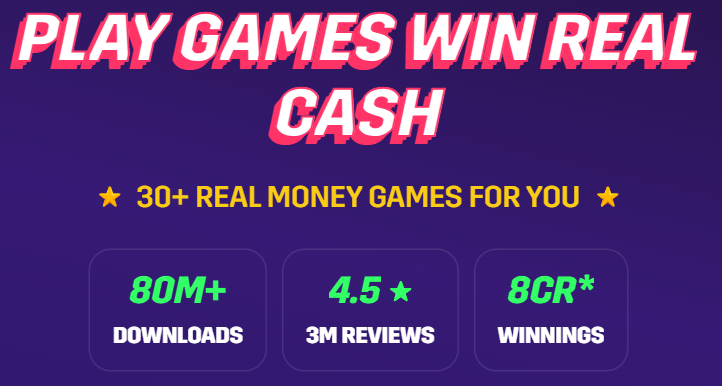 Mobile banner with the text 'PLAY GAMES WIN REAL CASH 30+ REAL MONEY GAMES FOR YOU,' promoting real money gaming options.